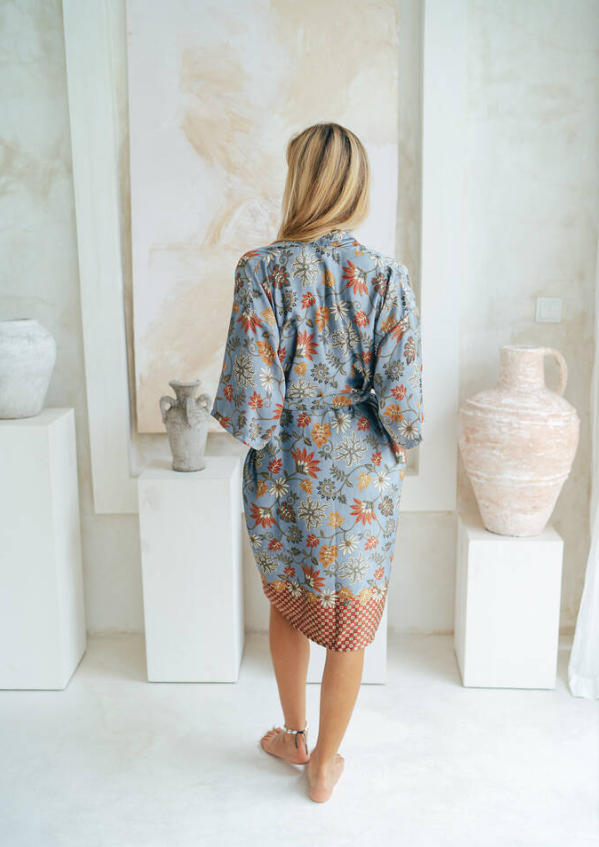 Long Turquoise Silk Kimono Robe