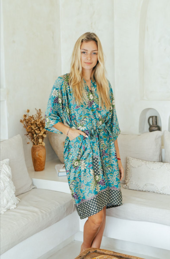 Long Turquoise Silk Kimono Robe