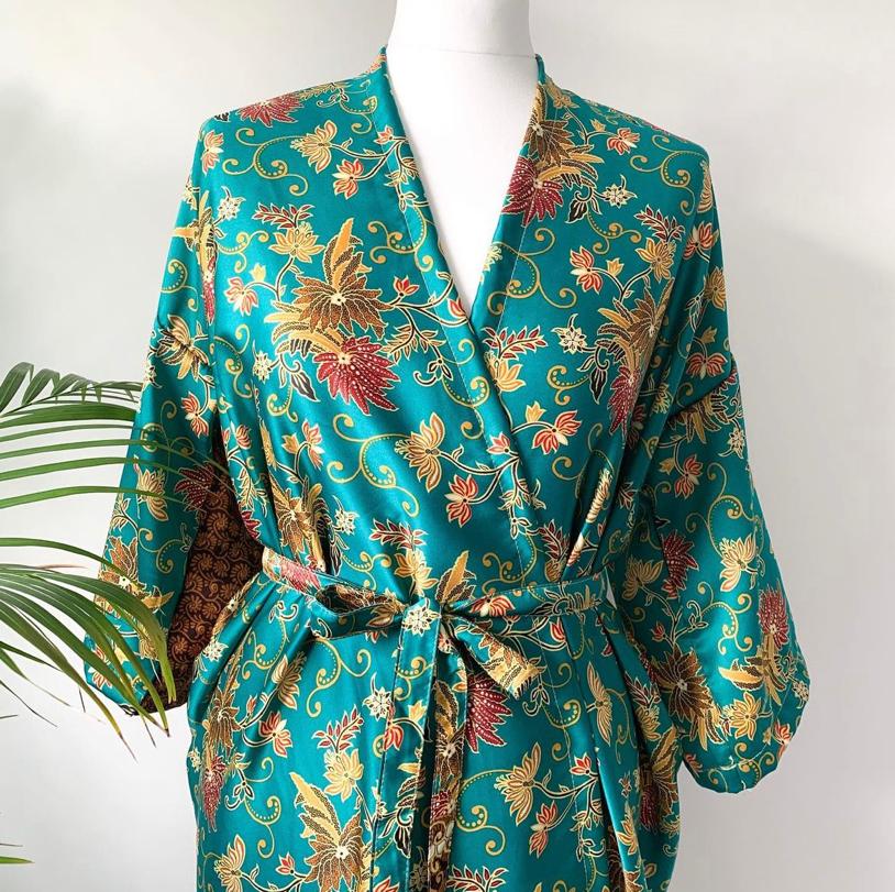 Long Turquoise Silk Kimono Robe